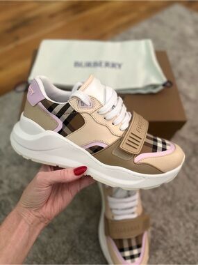 Burberry Beige, Pink & Classic Check Leather Platform Sneakers
